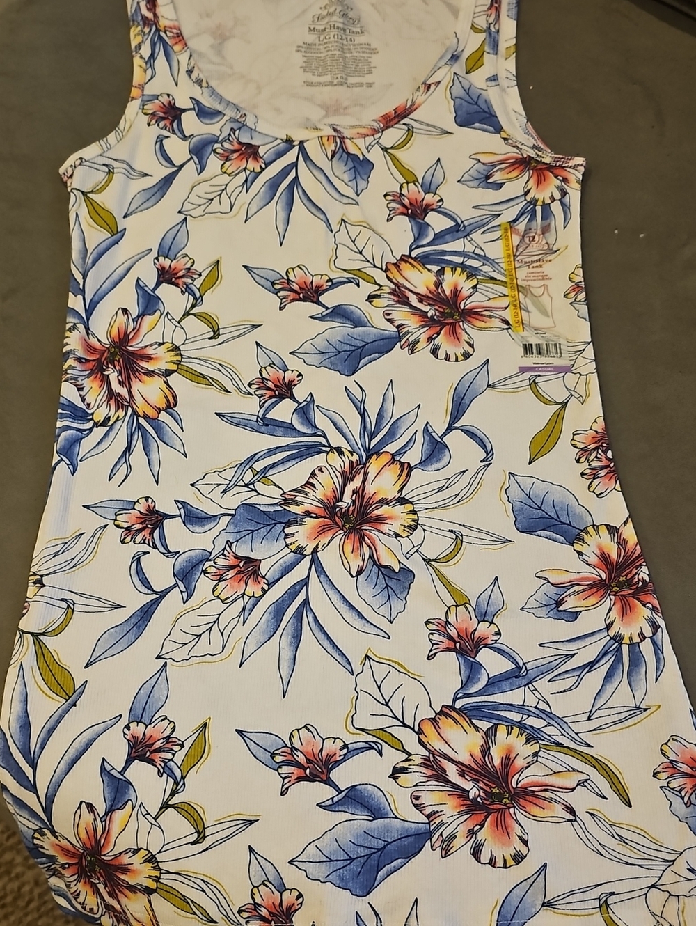 Faded Glory White Floral Tank Top with Blue & Pink Print